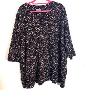 Ulla Popken Cotton Top 28 /30 Animal Print 3/4 Sleeve Mobwife Black Brown Cream